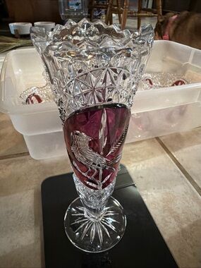 Cut Crystal Vase with Ruby Accent and Bird Motif